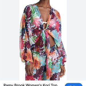 Ramy Brook Pink and Blue Floral sheer front tie shrug top Coverup size XL